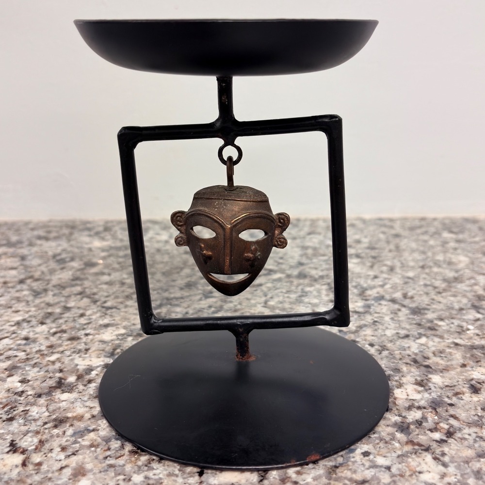 Tribal Brutalist Candle Oil Holder Bronze or Aged Brass Hanging Mask Metal Black